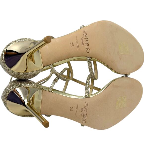 Jimmy Choo Dory Glitter Heel Open Toe Ankle Strap Sandal Gold 38 - Picture 7 of 8